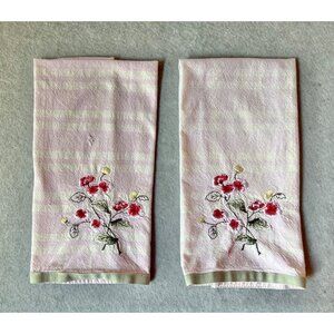 Laura Ashley Embroidered Floral Cotton Tea Towels Set Green Ribbon Trim VTG